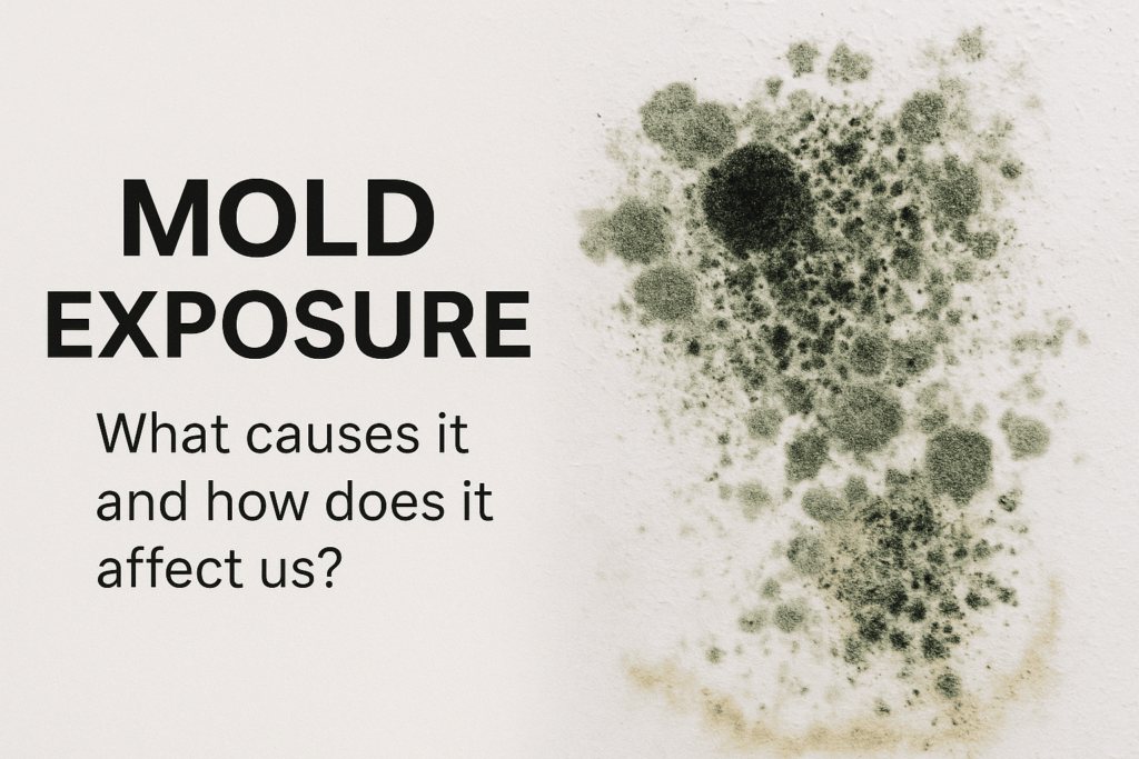 Infographic titled 'Mold Exposure' asking what causes it and how it affects us