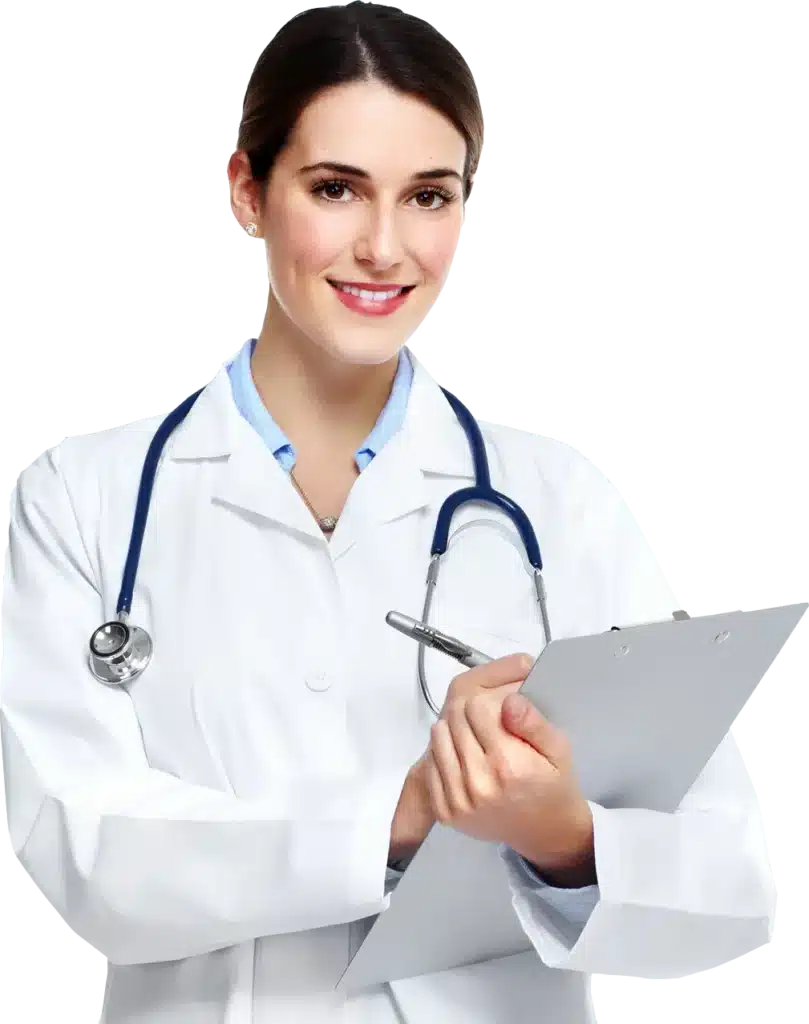 Woman in a white medical coat holding a clipboard