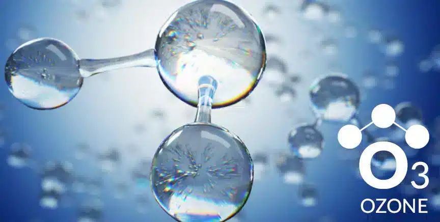 3D illustration of ozone (O3) gas molecules