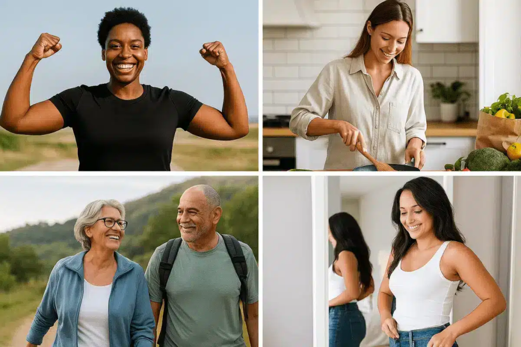 Collage of four people exercising and stretching outdoors