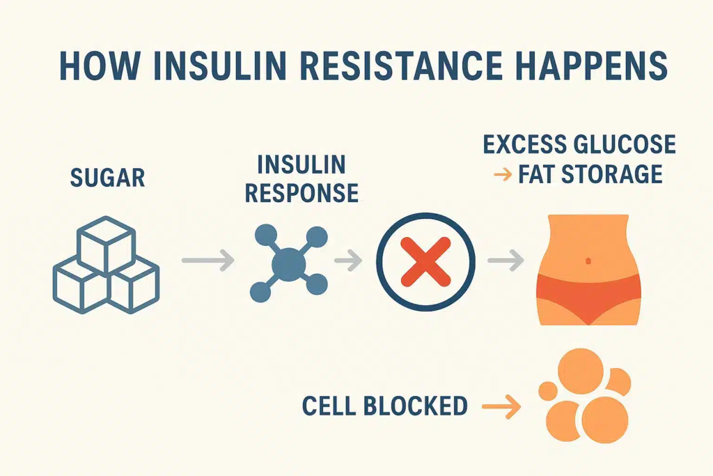 Infographic titled 'How Insulin Resistance Happens' showing sugar, insulin response, and blocked cells