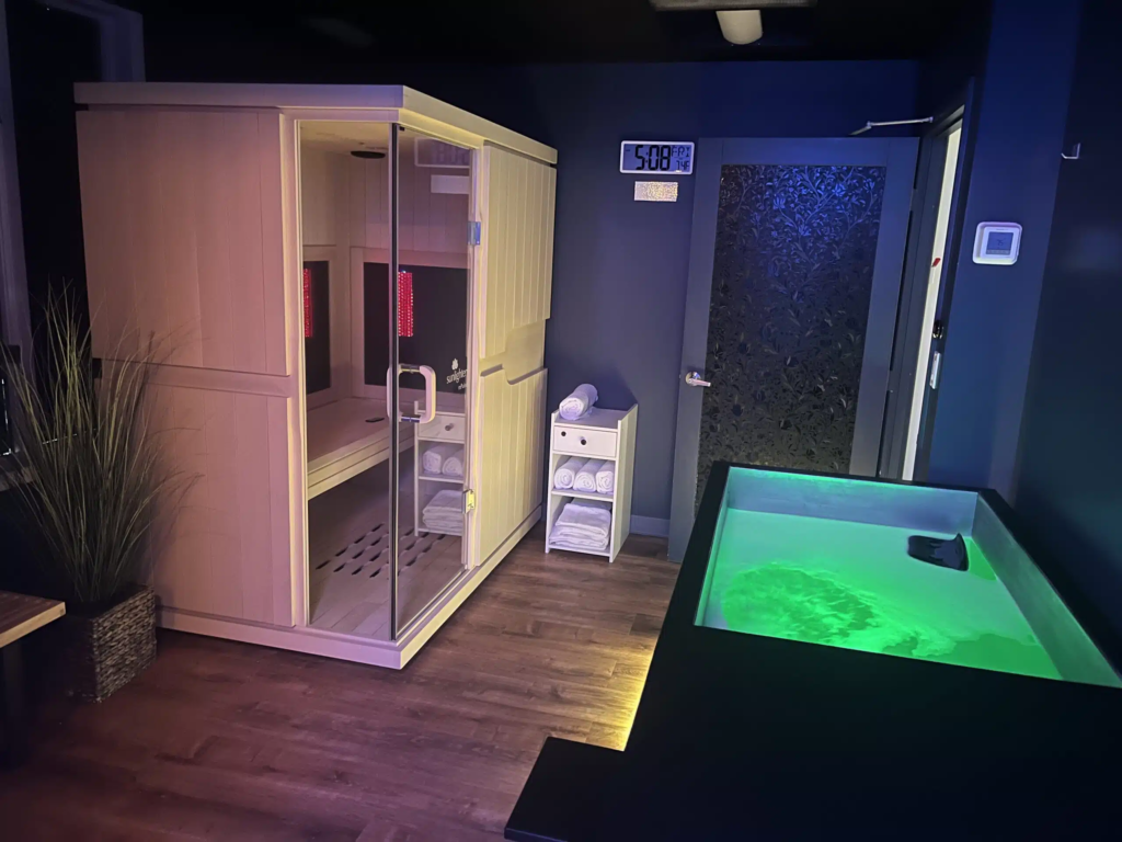 Infrared sauna and cold plunge tub in a wellness studio