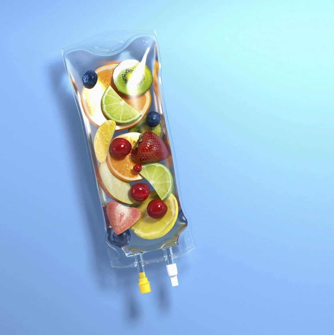 Fresh water-rich fruit alongside an IV bag representing food-based and IV hydration