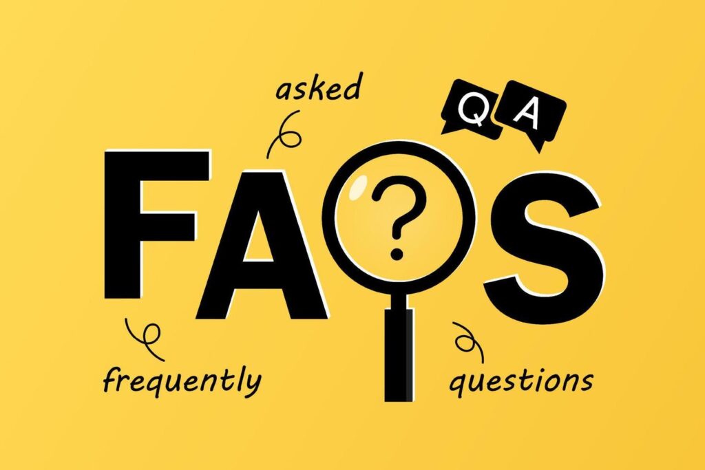 Graphic with the word 'FAQs' and a question mark inside a magnifying glass, surrounded by the words asked, frequently, and questions