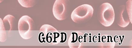 Graphic showing red blood cells with the text G6PD Deficiency