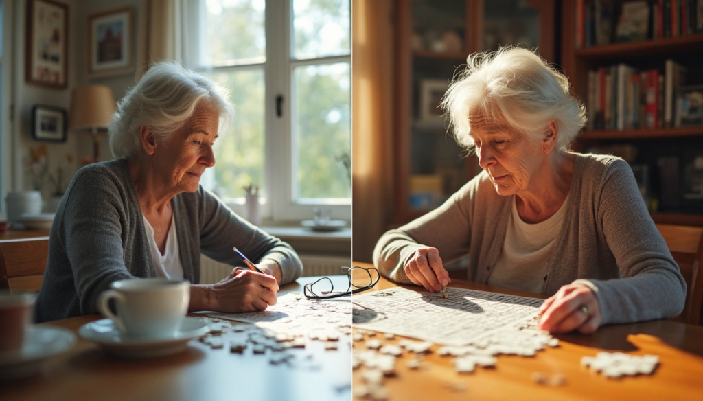 Two older women doing a puzzle together at a table