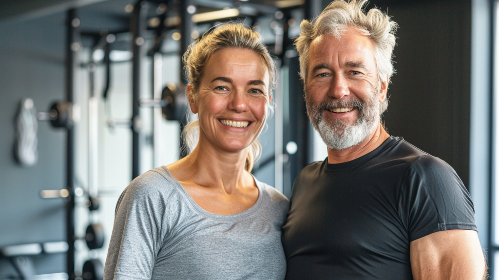 Man and woman smiling together in a gym