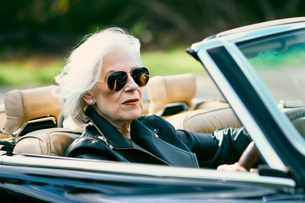 Older woman driving a convertible car wearing sunglasses
