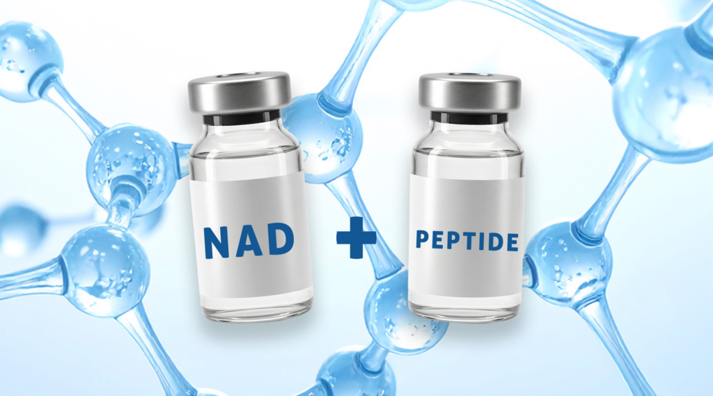 photo of NAD vial and Peptide vial over anabstract molecule bacjground